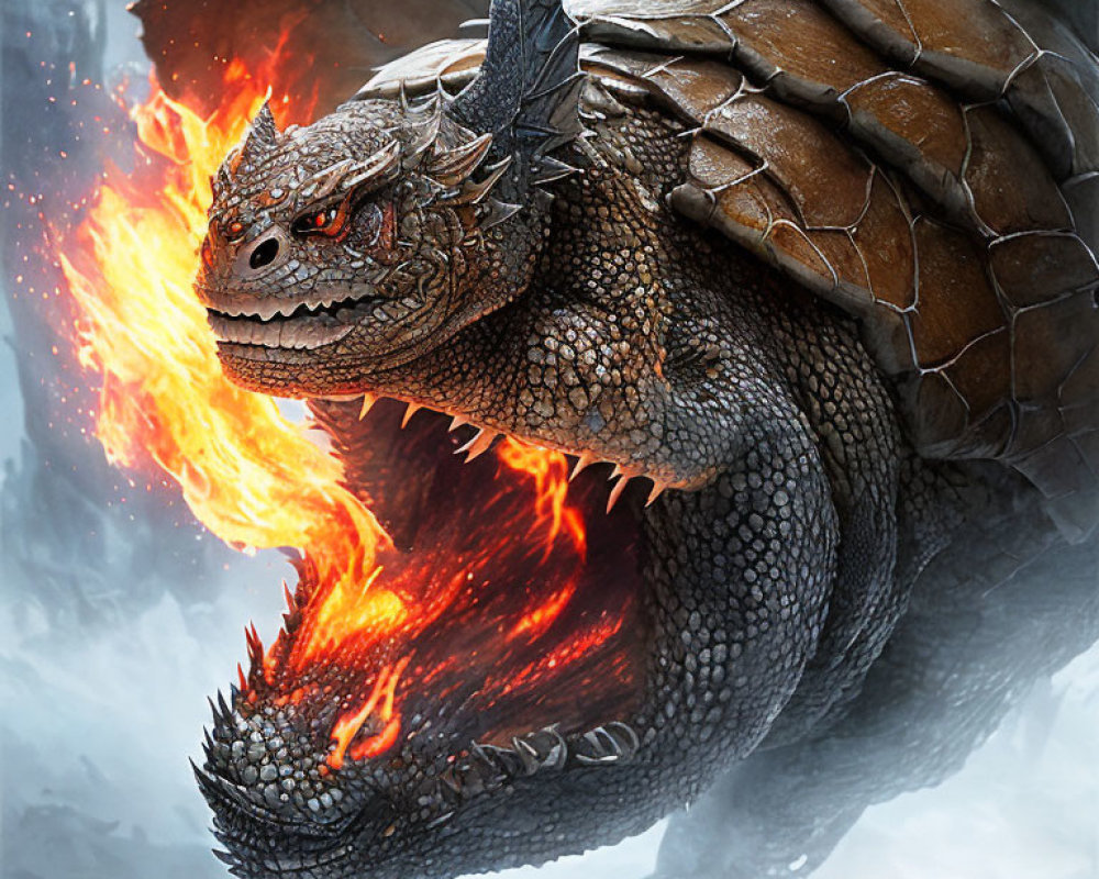 Majestic dragon breathing fire in snowy scenery