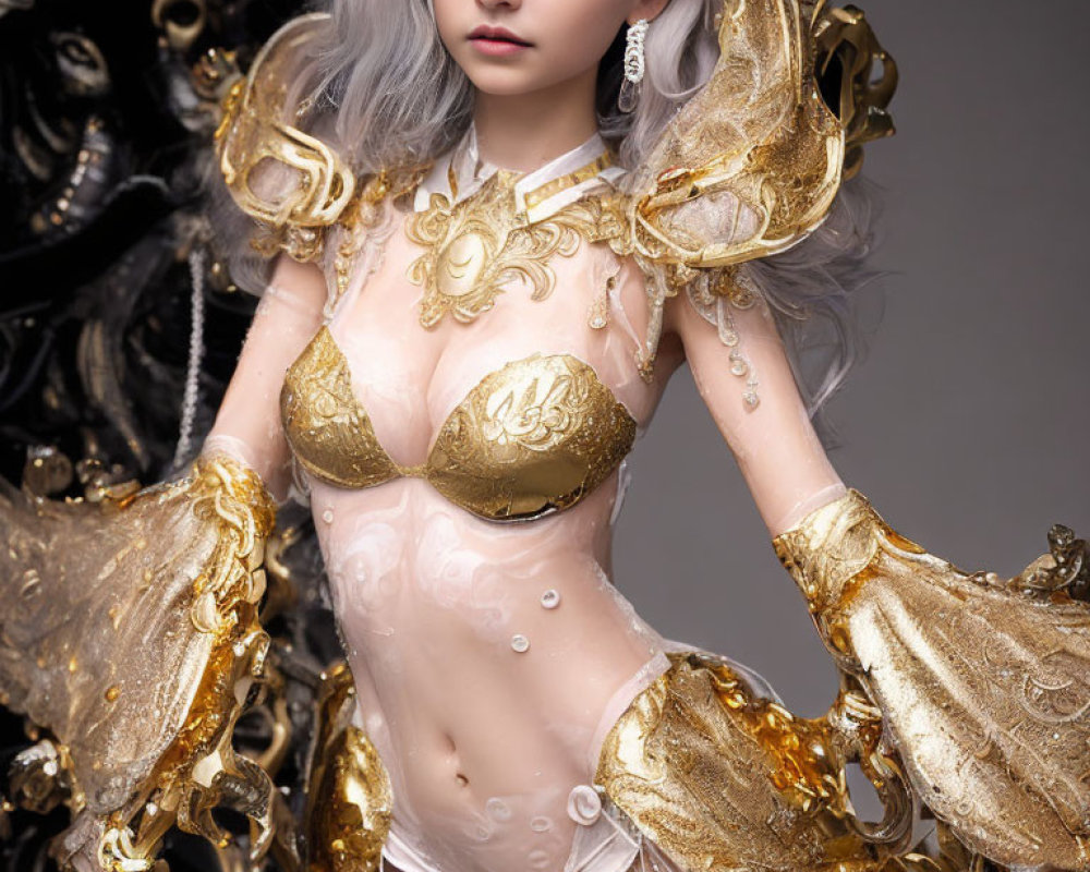 Silver-haired character in fantasy gold and white armor with intricate detailing against dark backdrop