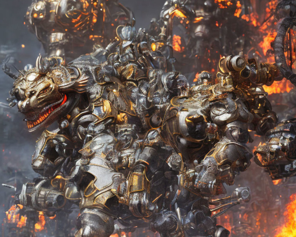 Metallic lion-headed creatures in heavy armor and weapons against fiery industrial backdrop