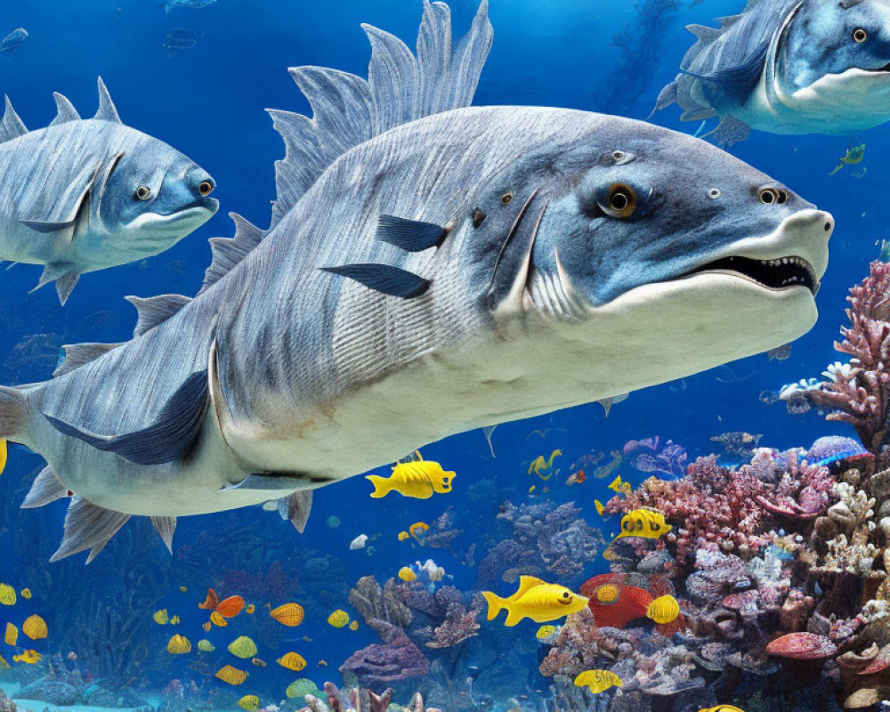 Asian Sheepshead Wrasses Among Colorful Coral Reefs and Yellow Fish