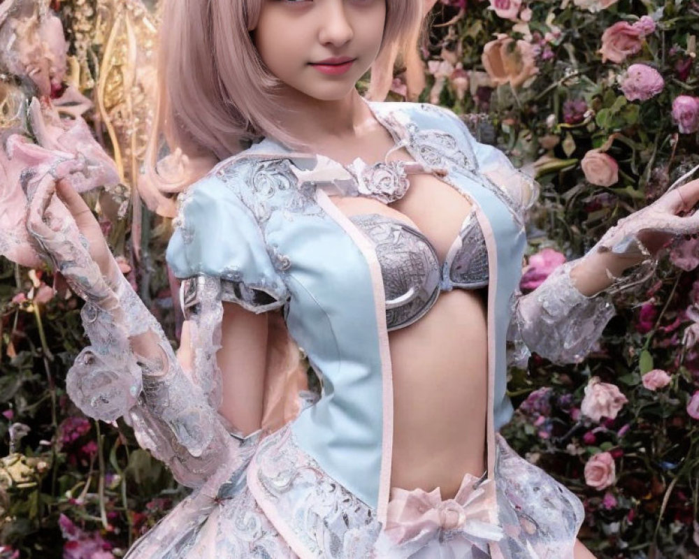 Cosplayer in Light Blue and Pink Outfit with Lace Details and Pink Rose Backdrop