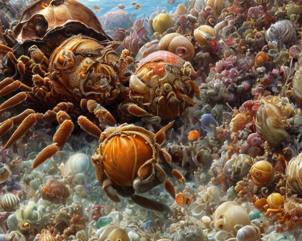 Detailed Underwater Scene with Colorful Crustaceans and Coral