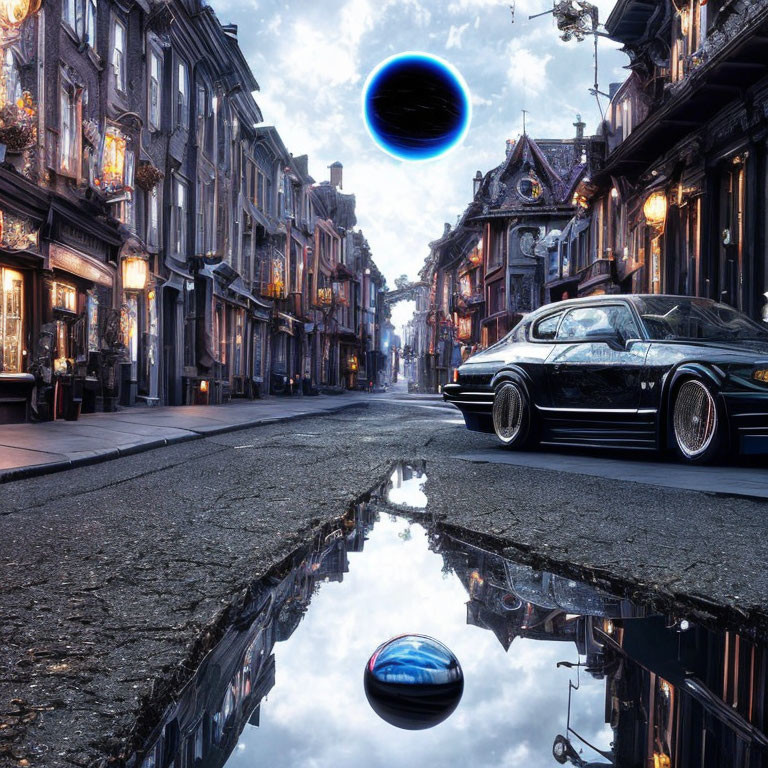 Vintage architecture, classic car, surreal black hole in the sky - Street Scene with unique elements