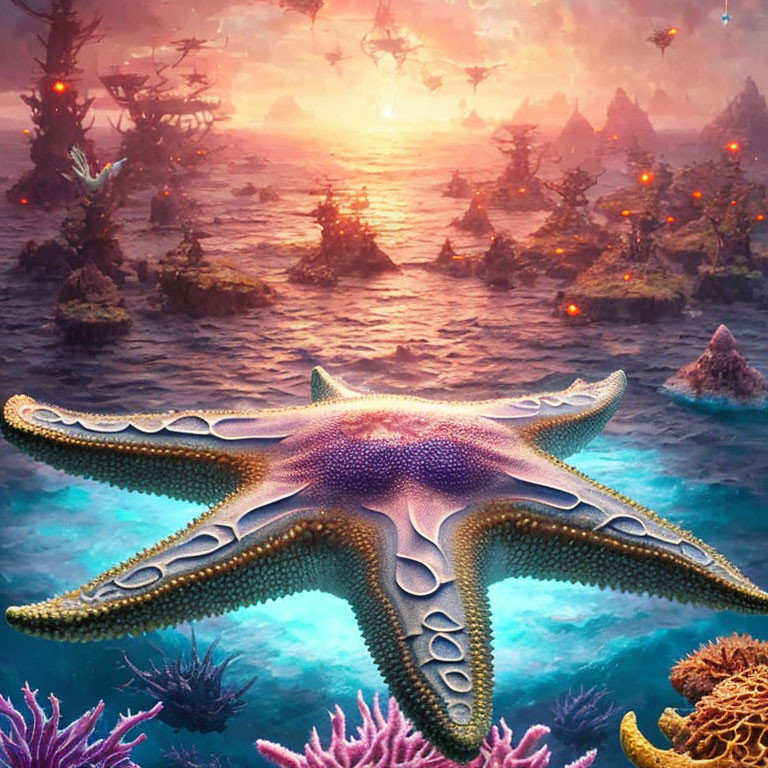 Colorful Coral and Starfish in Mystical Ocean Sunset View