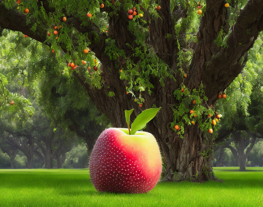 Dewy apple on meadow with orange tree and forest backdrop