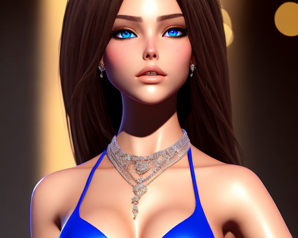 Detailed 3D Illustration of Woman with Striking Blue Eyes and Elegant Jewelry