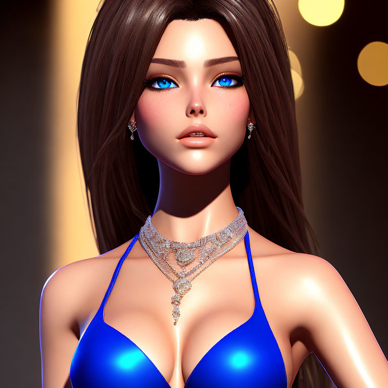 Detailed 3D Illustration of Woman with Striking Blue Eyes and Elegant Jewelry