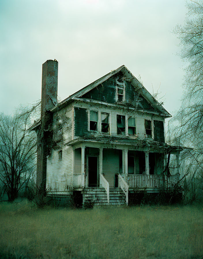 Abandoned two-story white house with tall chimney in eerie setting