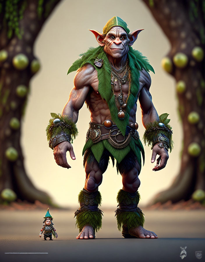 Fantasy green-skinned goblin in tribal attire in forest setting