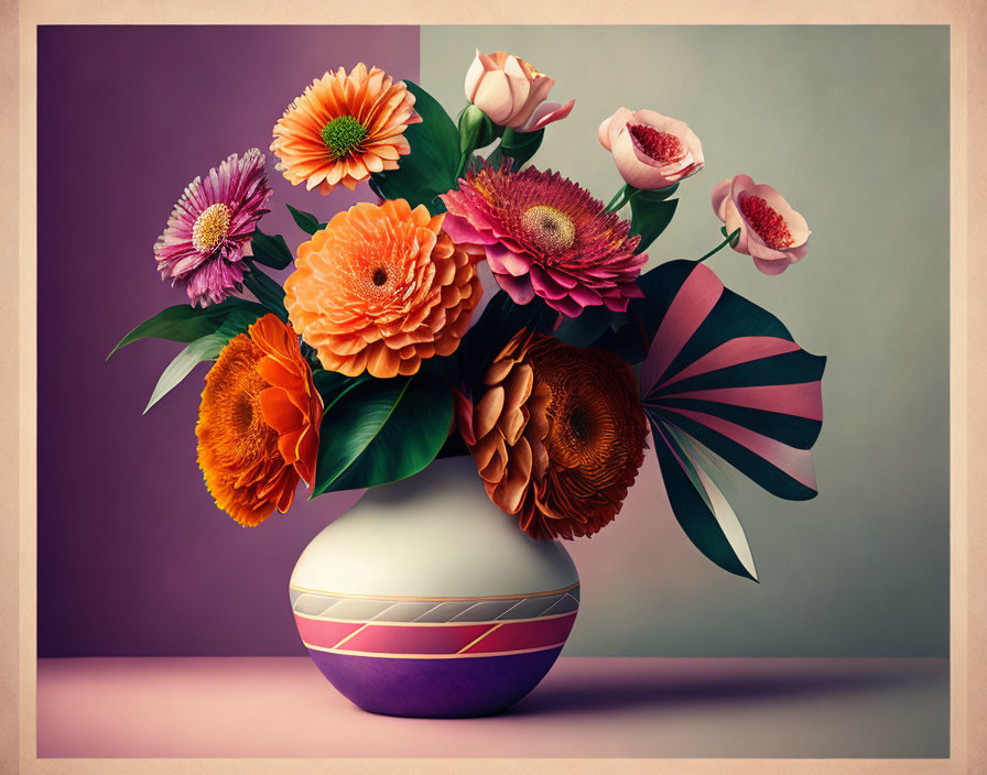 Vibrant flower bouquet in white vase on purple background