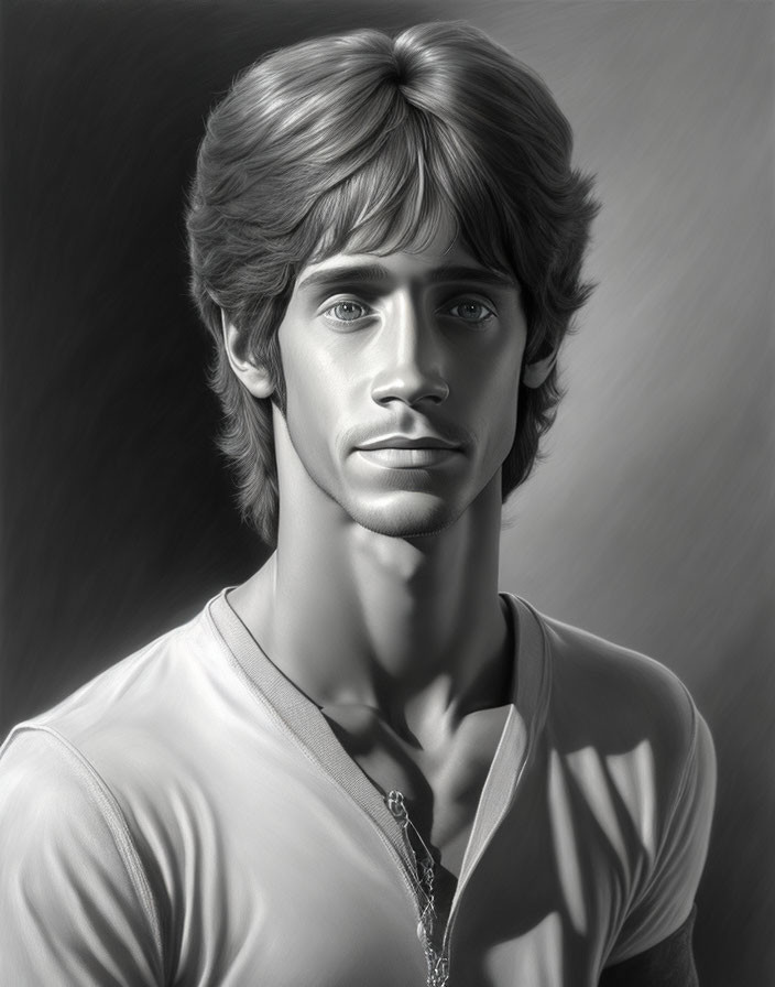 Young man's monochrome digital portrait with shoulder-length hair and V-neck shirt