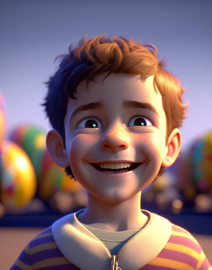 Freckled boy in striped shirt with colorful balloons and sunset background