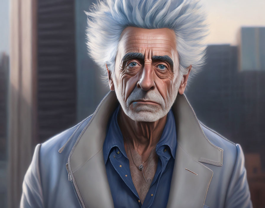 Elderly Man with White Hair and Cityscape Background