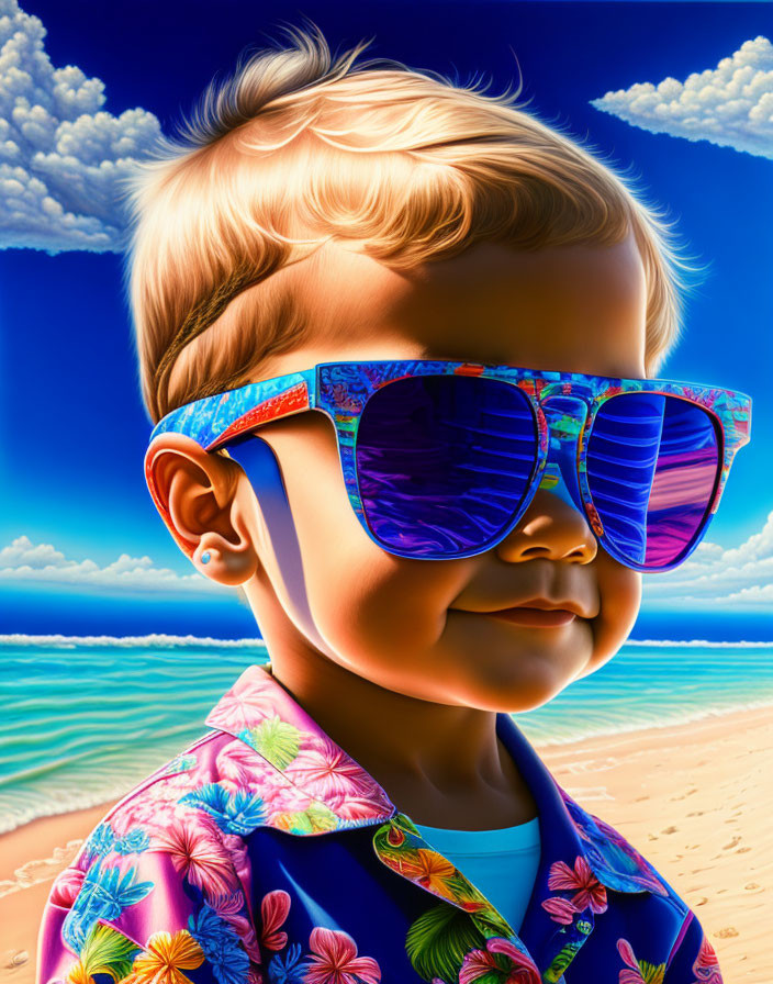 Young child in reflective sunglasses and floral shirt on vibrant beach scene