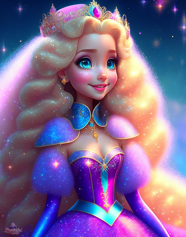 Animated princess with golden hair and blue gown on starry backdrop