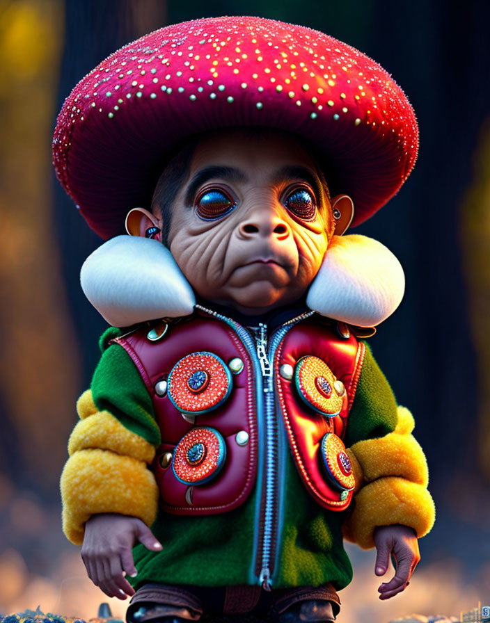 Fantasy-inspired creature with red and white mushroom cap and colorful jacket