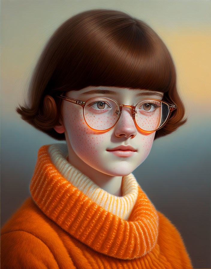 Portrait of girl with bob haircut, freckles, round glasses, orange turtleneck.