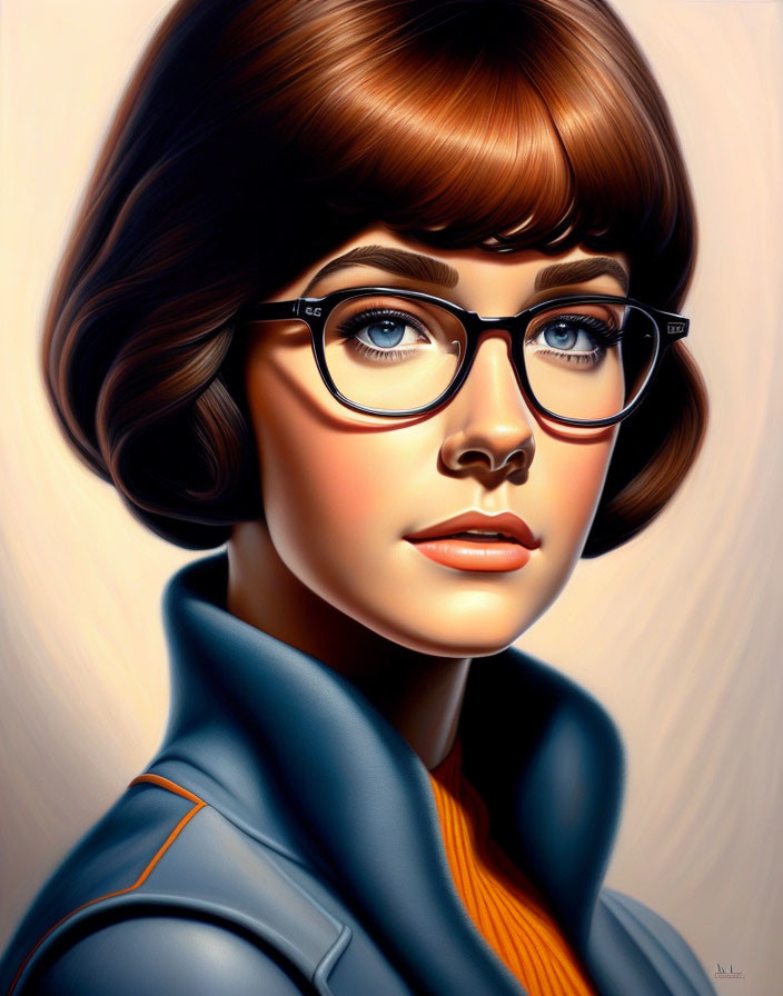 Illustrated portrait of woman with bobbed brown hair and round glasses in blue coat.