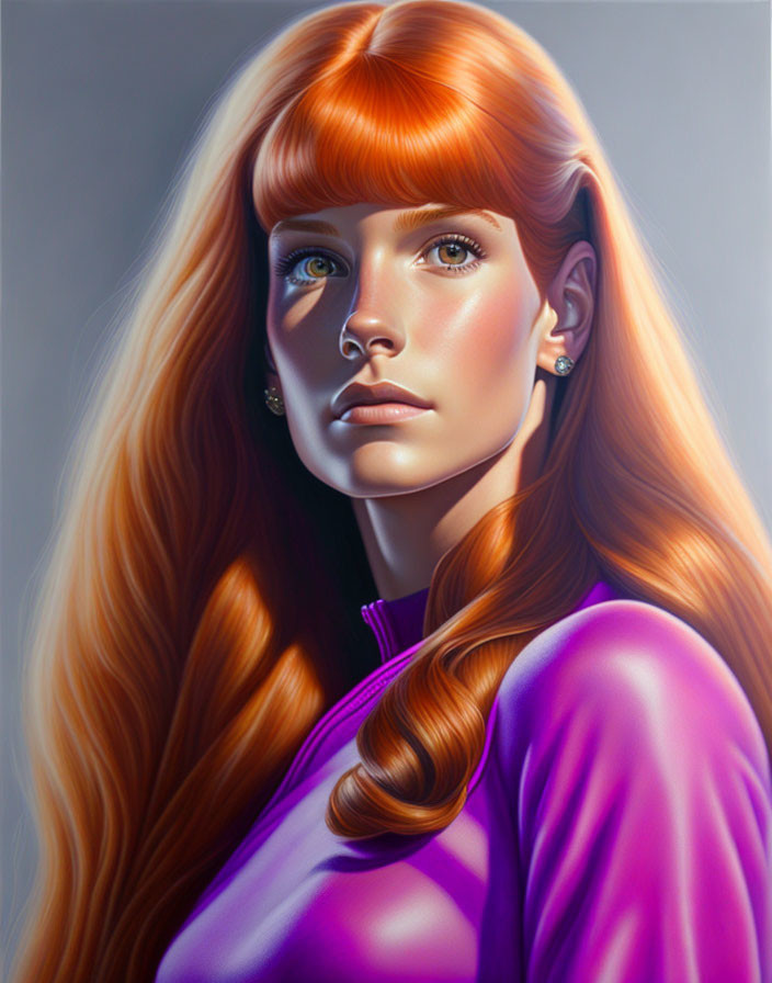 Digital illustration of woman with long red hair, fair skin, blue eyes, purple top