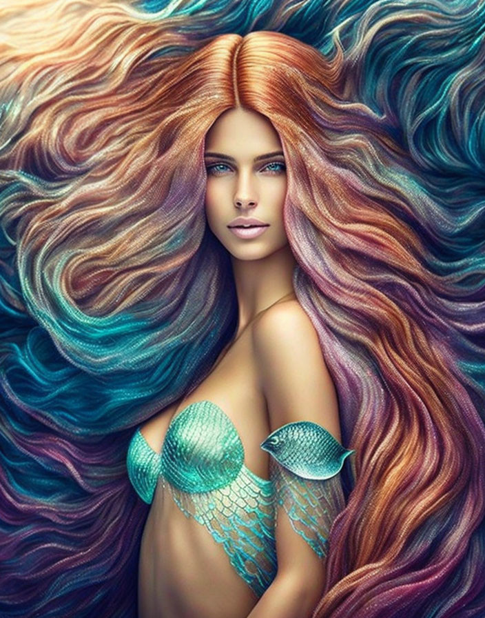 Multicolored hair woman in mermaid-inspired top with mystical aura