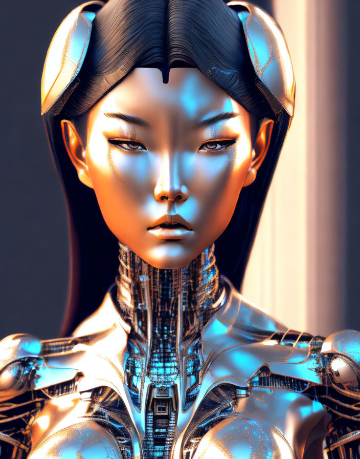 Detailed digital artwork: Female android with metallic skin, cybernetic suit, futuristic hairstyle.