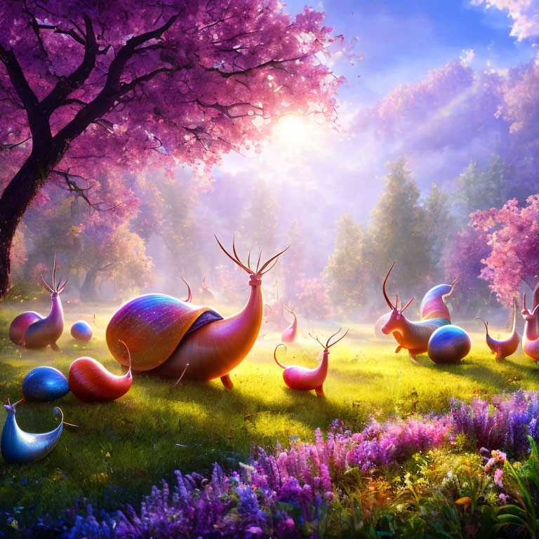 Colorful oversized snails in whimsical landscape with pink flowers and mystical sunlight.