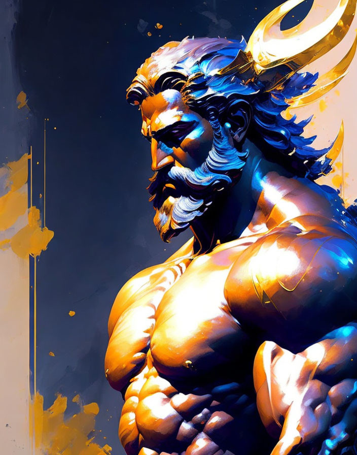 Muscular Male Figure with Beard and Horn on Blue and Gold Background