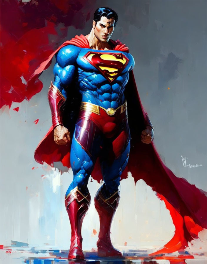 Superhero with red cape and blue suit, iconic 'S' emblem, standing confidently.