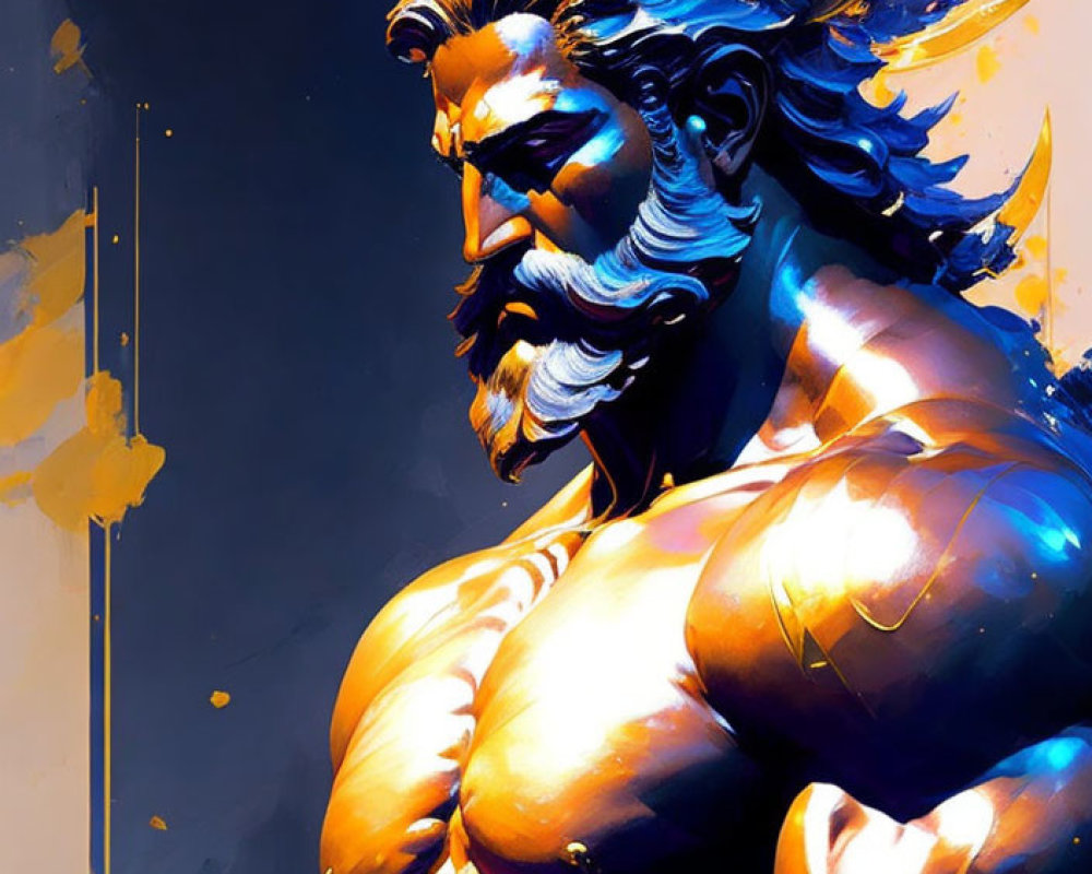 Muscular Male Figure with Beard and Horn on Blue and Gold Background