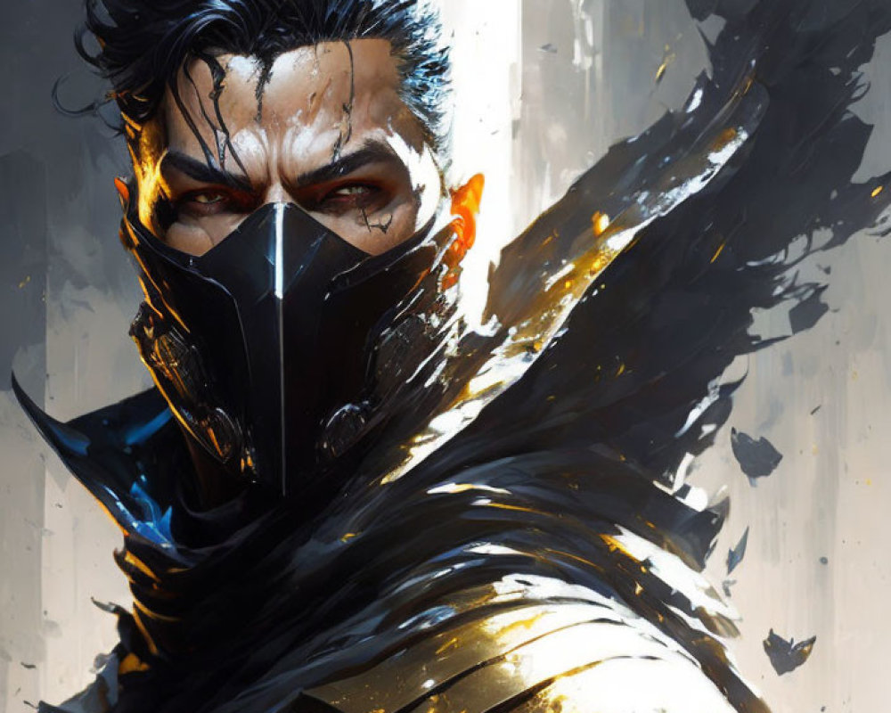 Dynamic black and gold warrior illustration with intense gaze