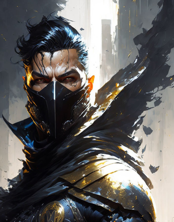 Dynamic black and gold warrior illustration with intense gaze