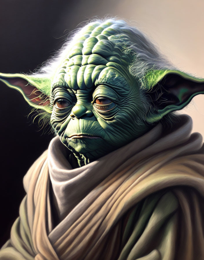 Green-skinned Yoda in beige robe: Star Wars illustration