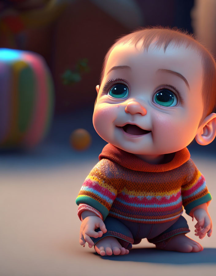 Adorable Animated Baby with Big Blue Eyes in Colorful Striped Sweater