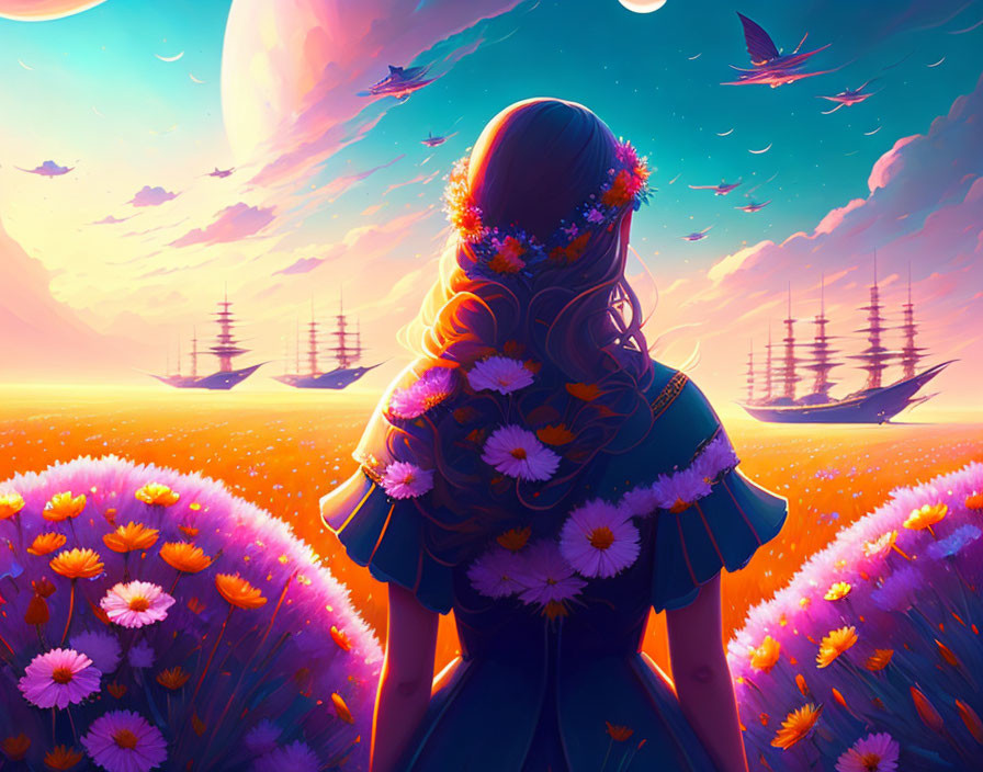 Woman in flower crown gazes at vibrant sunset with fantastical ships and floating islands.