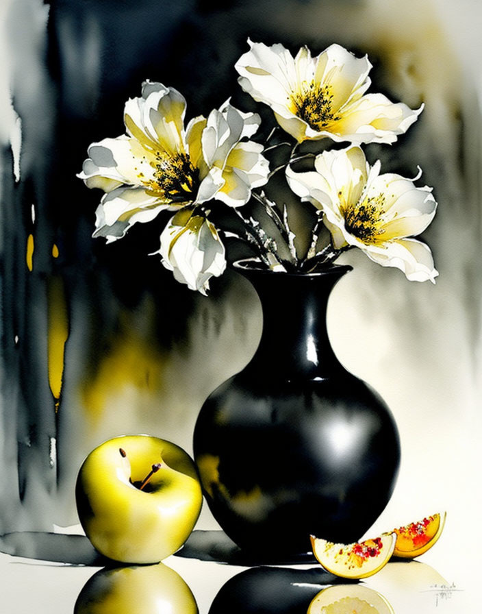 Floral painting with white and yellow flowers in black vase, yellow apples on light background