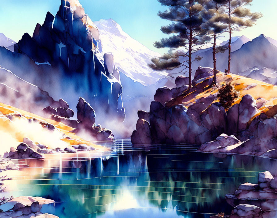 Serene mountain lake watercolor painting landscape