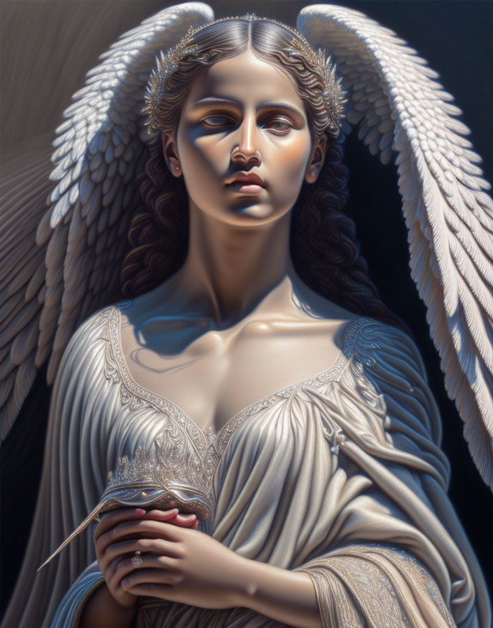 Serene angelic figure with white wings and golden headpiece holding a cup