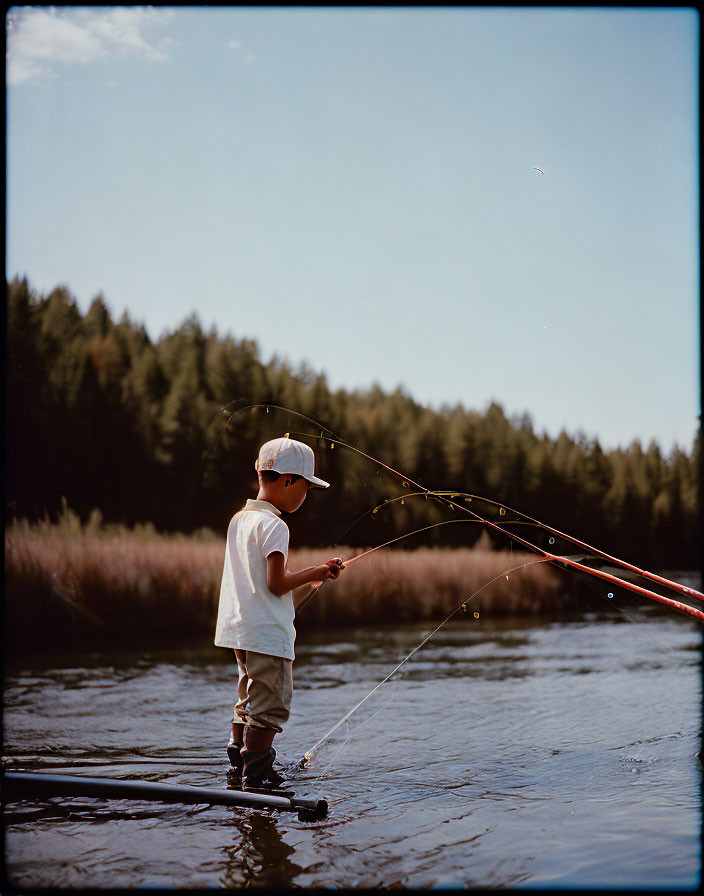 Child in White T-Shirt and Cap Fishing in River Amid Green Trees