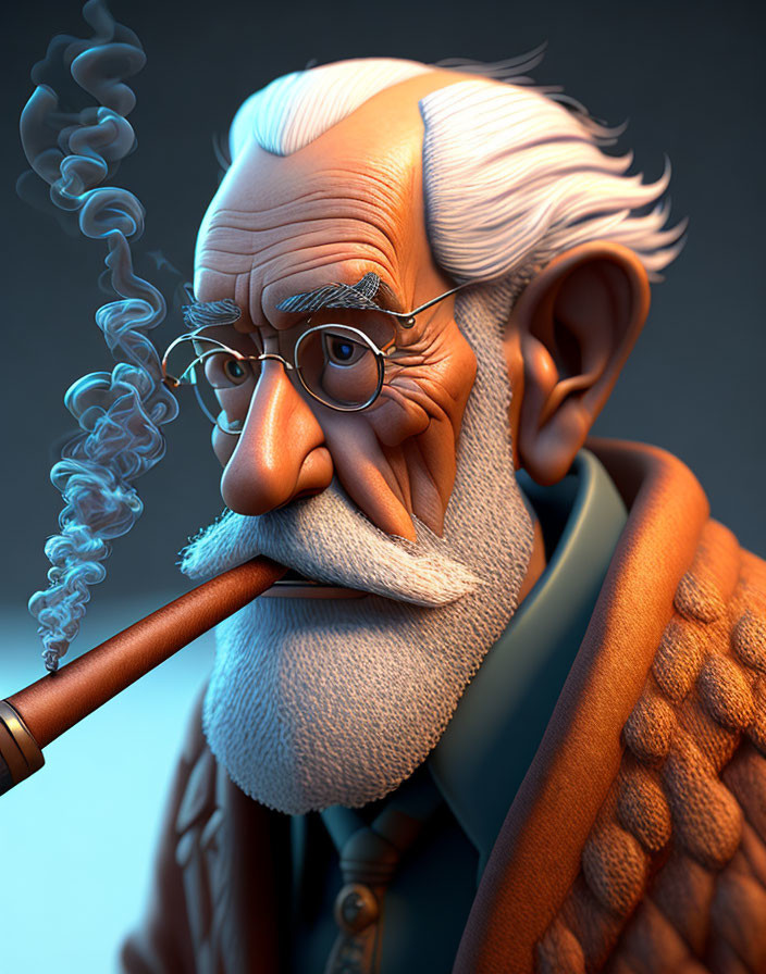 Elderly animated character with white hair, beard, glasses, pipe, sweater, and jacket ponder