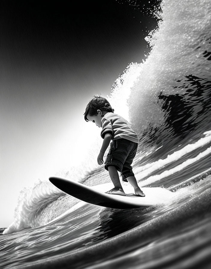 Monochrome image of child surfing gentle wave with dynamic water splash