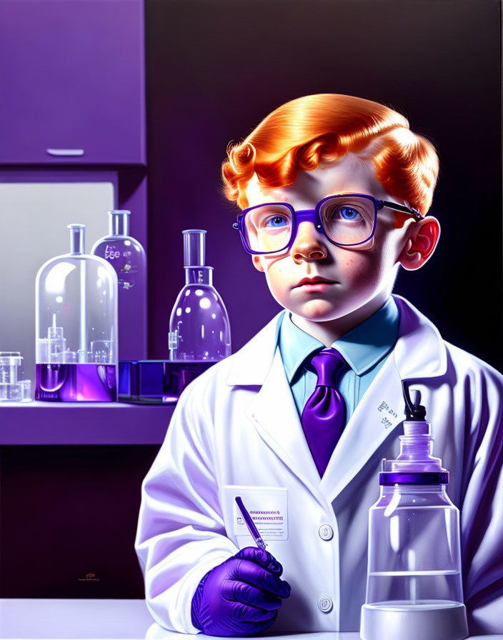 Young red-haired boy in lab coat with pipette and flasks.