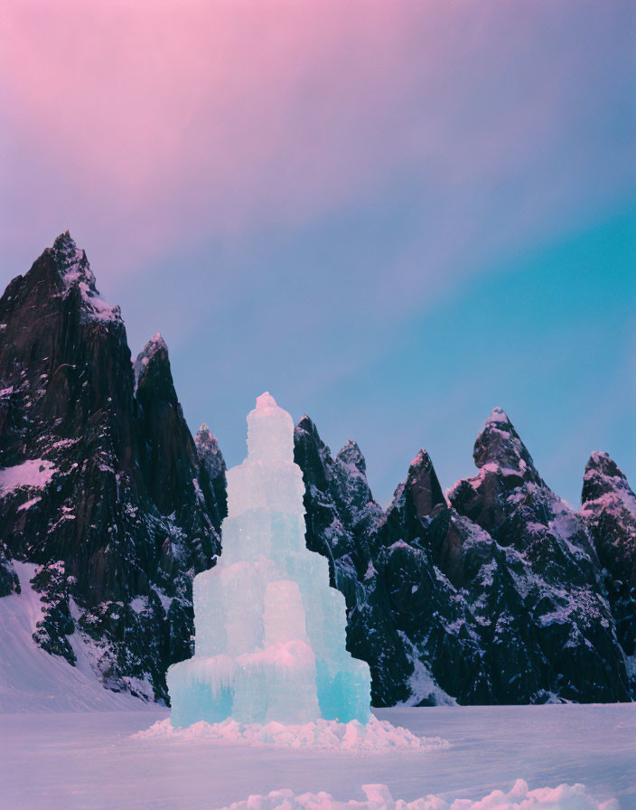 Vibrant ice castle sculpture amidst mountain peaks and colorful sky