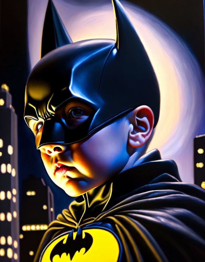 Colorful Batman costume illustration with night cityscape background