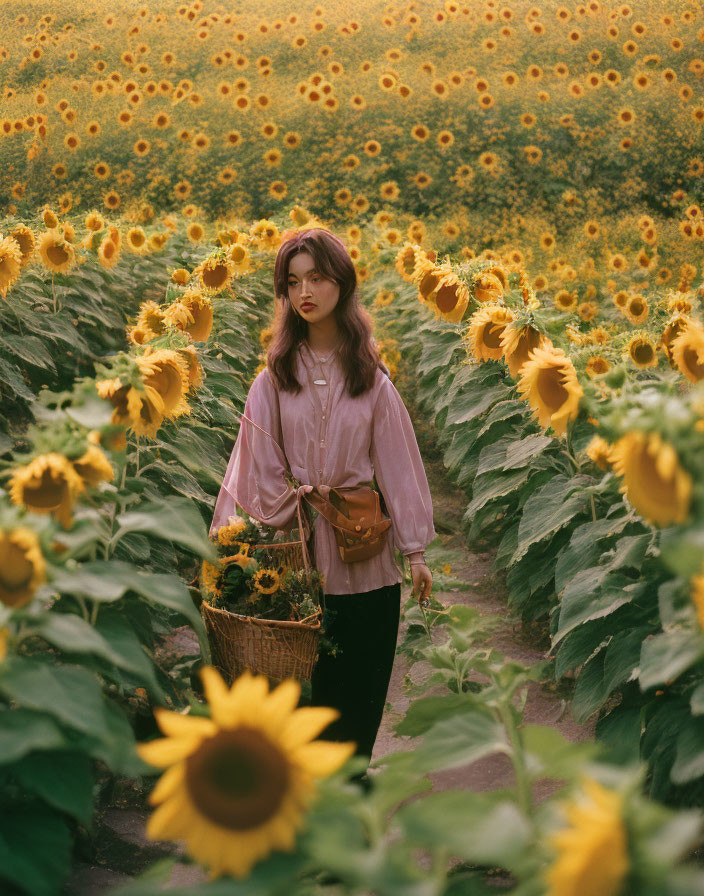 Person in Sunflower Field with Basket and Pink Blouse