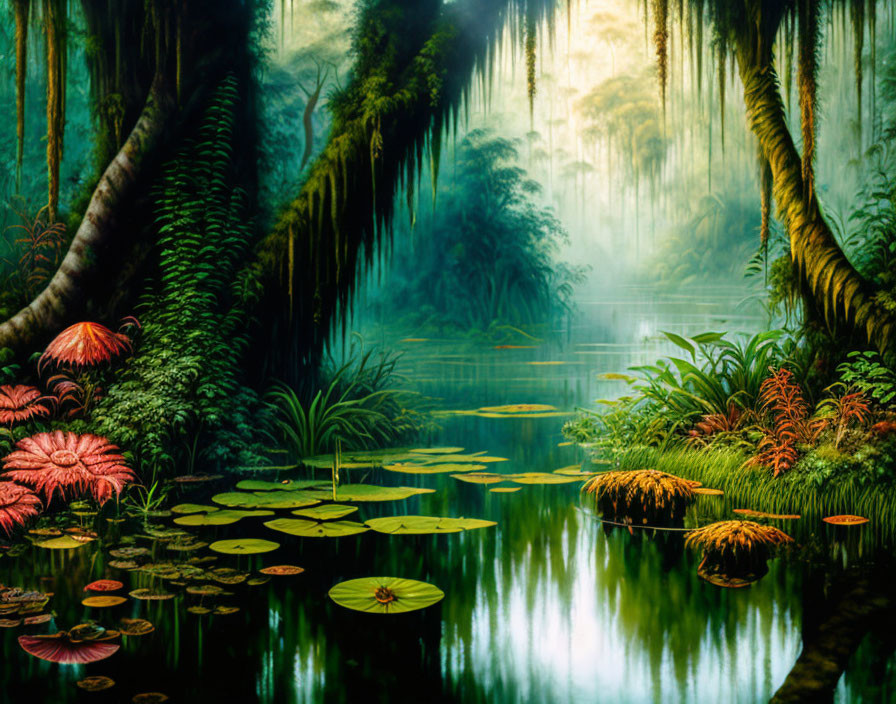 Mystical jungle scene: towering trees, hanging vines, serene water, lily pads, sunlight