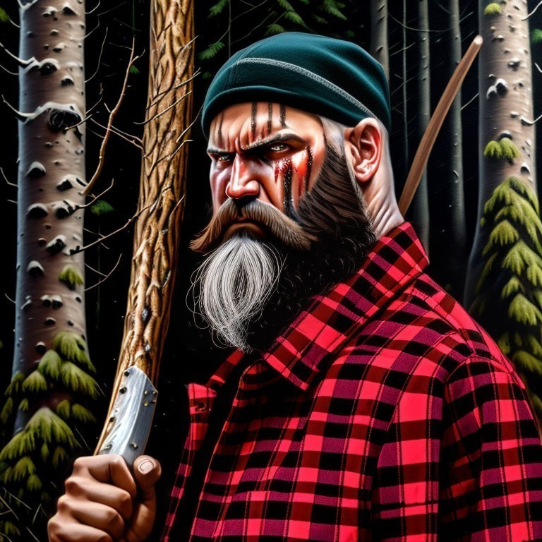 Bearded man in red plaid shirt with knife in forest setting