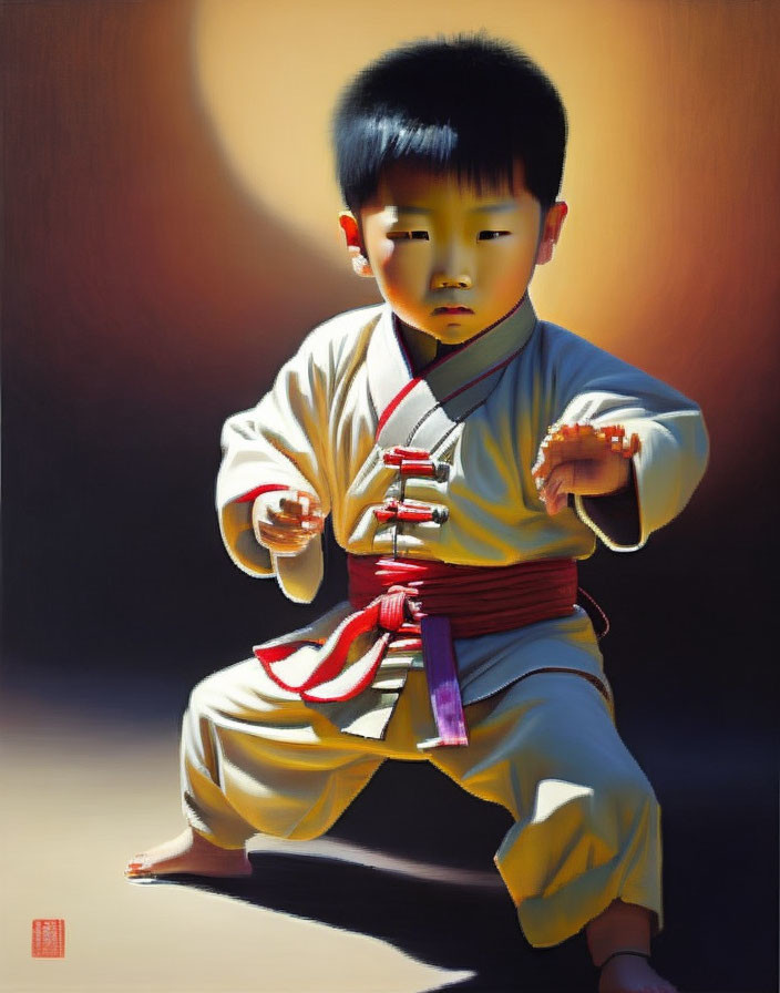 Young child in karate uniform with red belt in martial arts stance