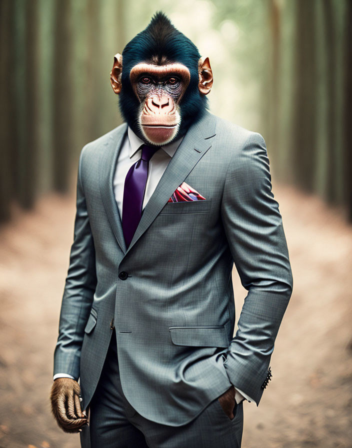 Chimpanzee in Gray Suit and Purple Tie Stands in Forest Pathway