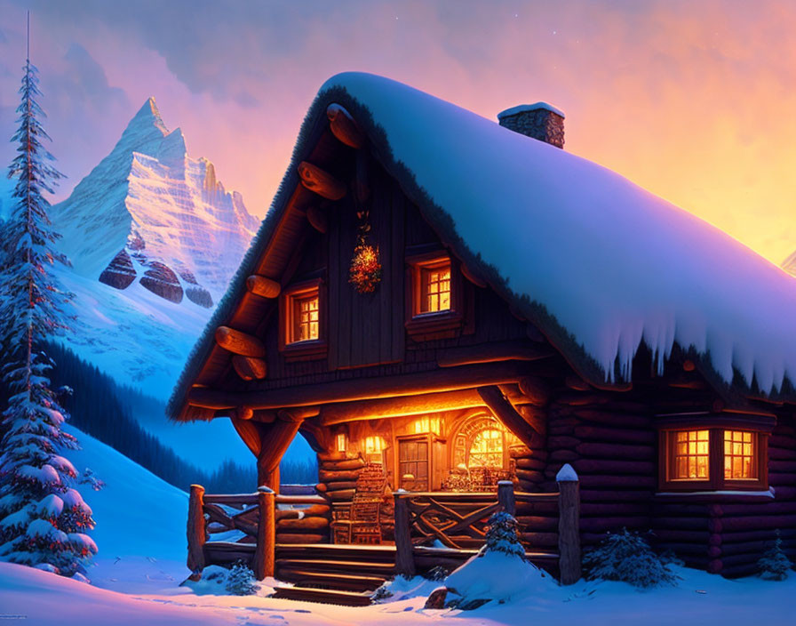 Snow-covered log cabin at twilight with glowing windows, mountains, and pine trees