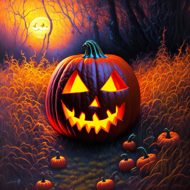 Vibrant Halloween jack-o'-lantern surrounded by pumpkins in spooky twilight landscape